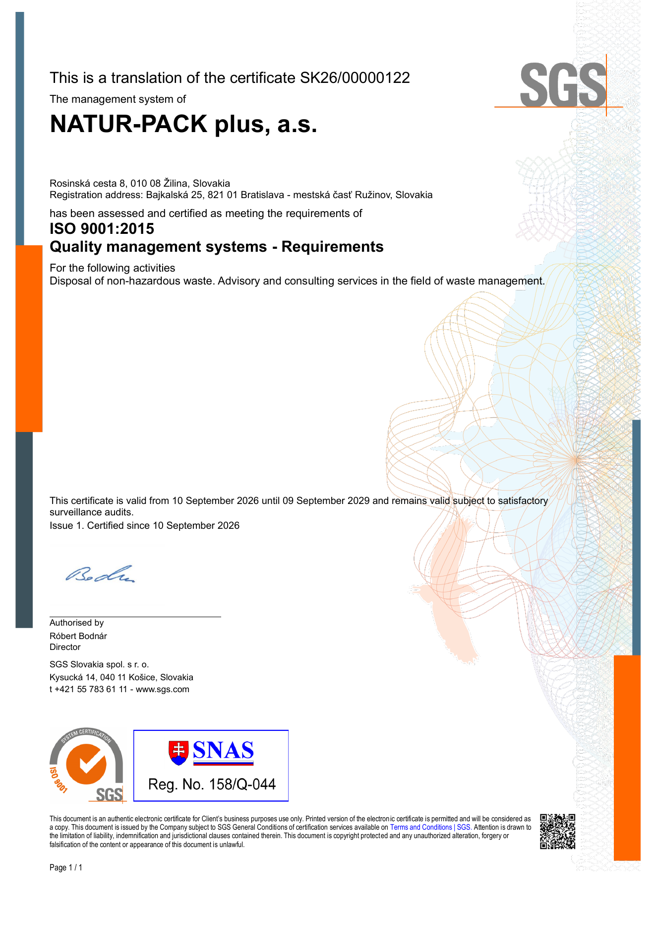 ISO 9001:2015 certificate preview in English