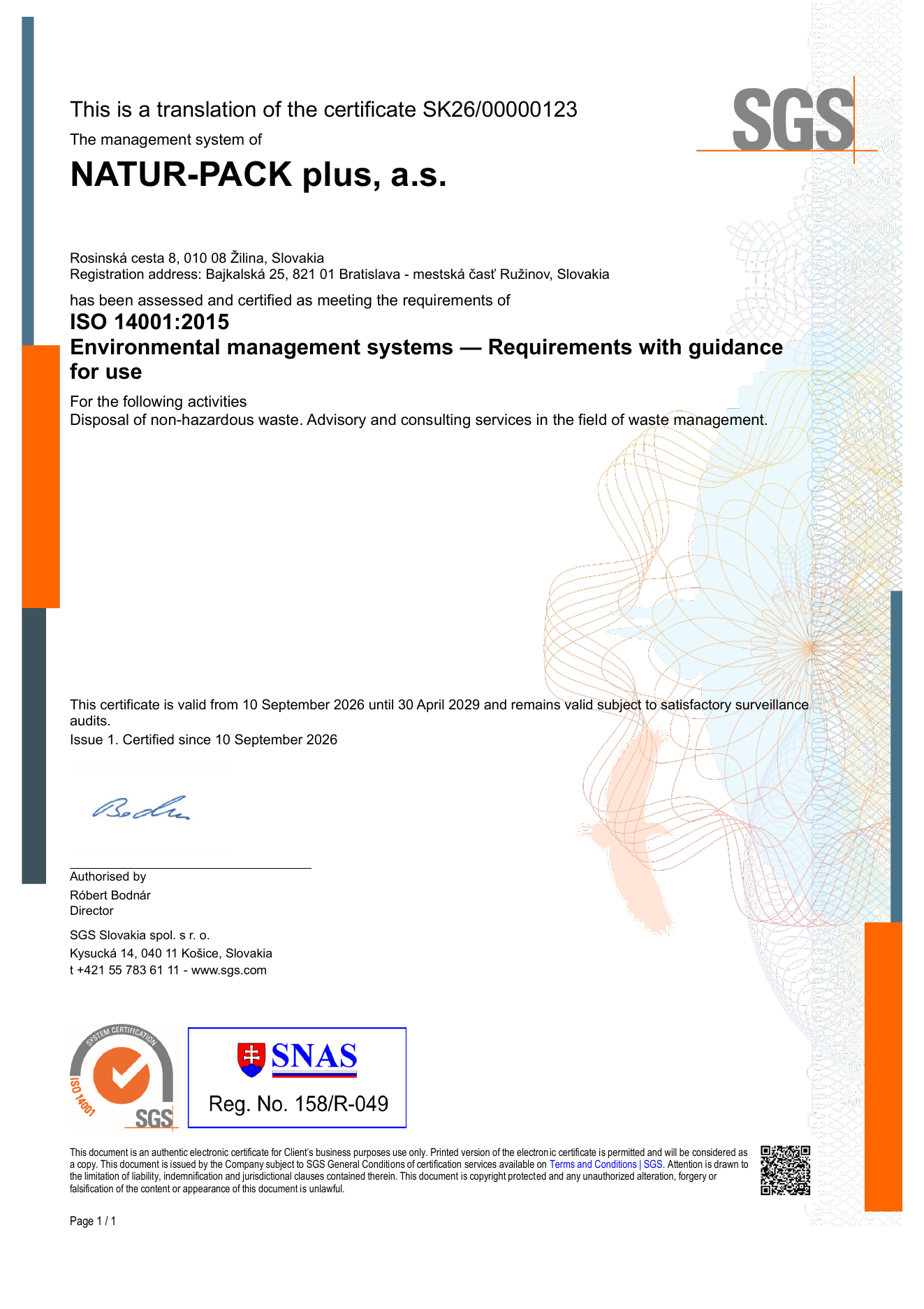 ISO 14001:2015 certificate preview in English